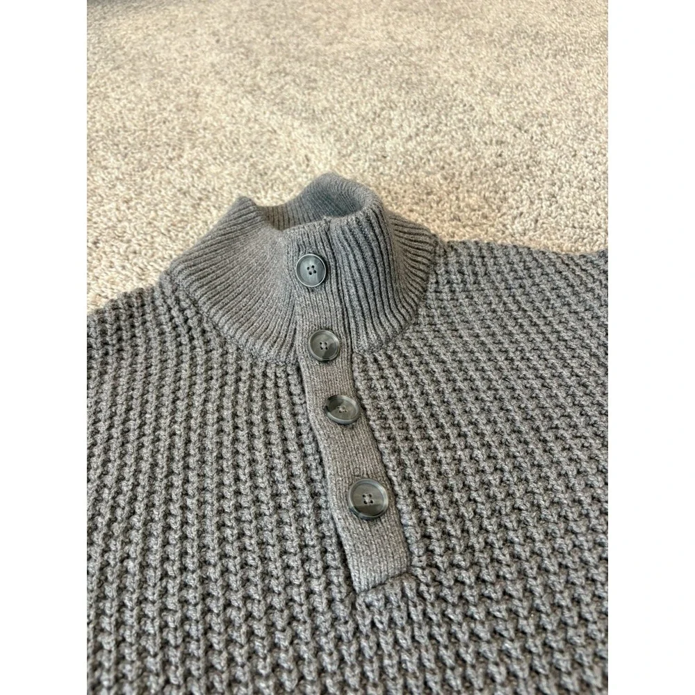 Banana Republic Sweater Men XL Gray Mock Neck Henley Button Ribbed Knit Pullover